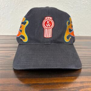VTG 90s Kenworth Black Orange KW Flames Velcro Back Trucker One Size Cyrk Hat